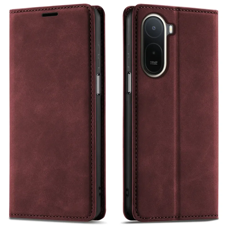 Bordowe etui z klapką Velvet do Xiaomi Redmi A7 Pro pokazane z przodu i z tyłu, z wycięciem na aparat oraz zamykaną konstrukcją