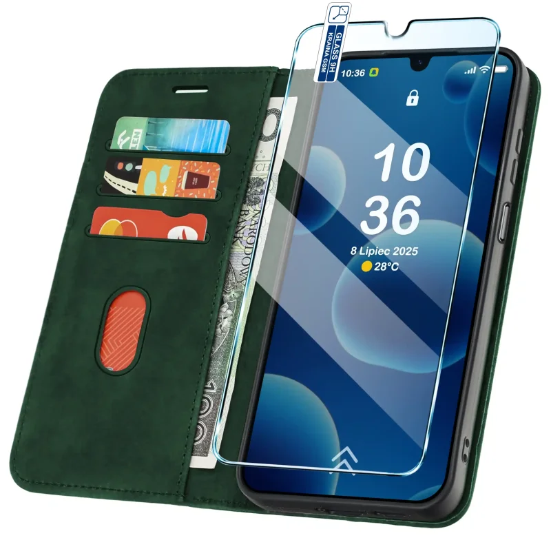 Zielone etui portfelowe Velvet do Xiaomi Redmi A7 Pro z kieszonkami na karty, przegrodą na banknoty i szkłem hartowanym w zestawie