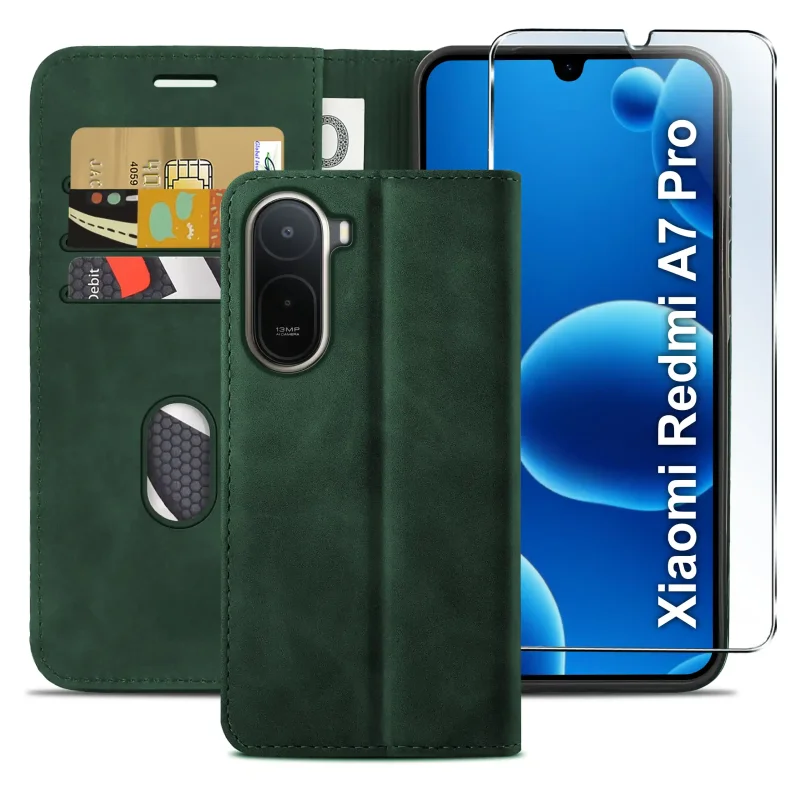 Zielone etui z klapką do Xiaomi Redmi A7 Pro z trzema kieszonkami na karty, przegrodą na banknoty oraz szkłem hartowanym na ekran