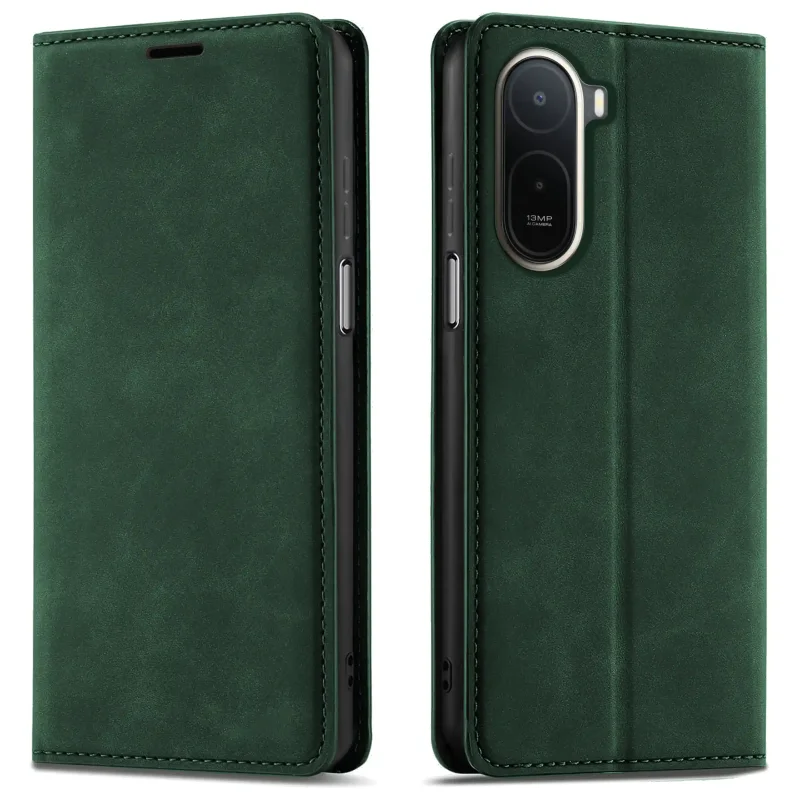 Zielone etui z klapką Velvet do Xiaomi Redmi A7 Pro pokazane z przodu i z tyłu, z wycięciem na aparat oraz zamykaną konstrukcją