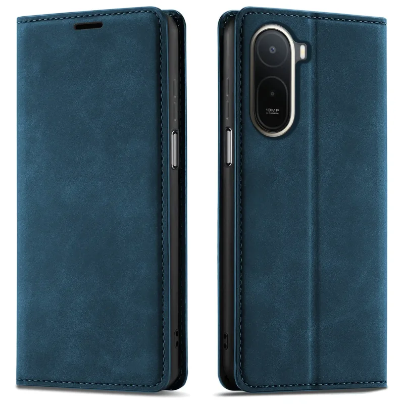 Granatowe etui z klapką Velvet do Xiaomi Redmi A7 Pro pokazane z przodu i z tyłu, z wycięciem na aparat oraz zamykaną konstrukcją