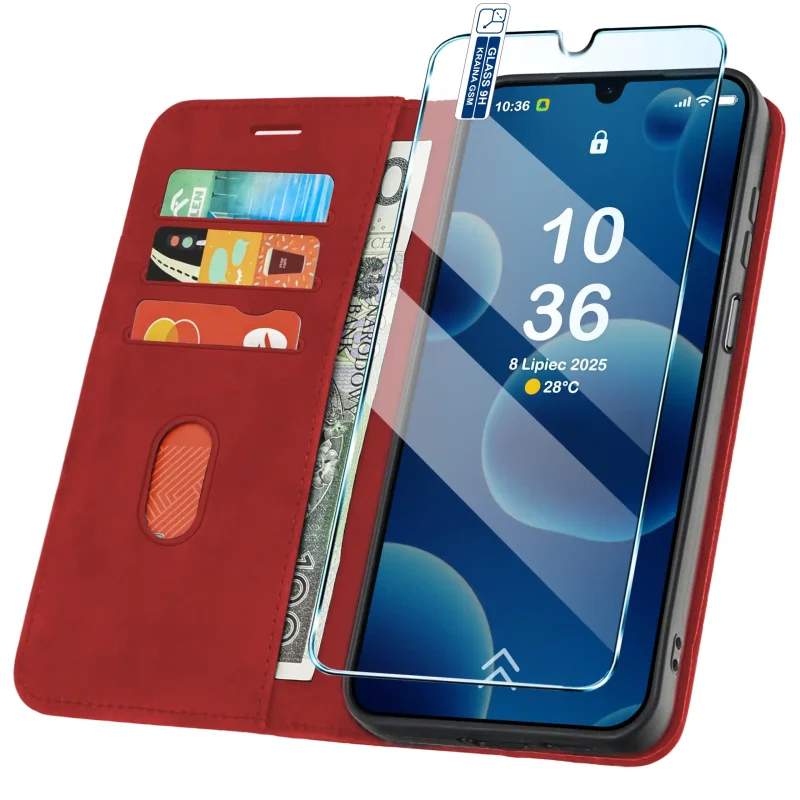 Czerwone etui portfelowe Velvet do Xiaomi Redmi A7 Pro z kieszonkami na karty, przegrodą na banknoty i szkłem hartowanym w zestawie