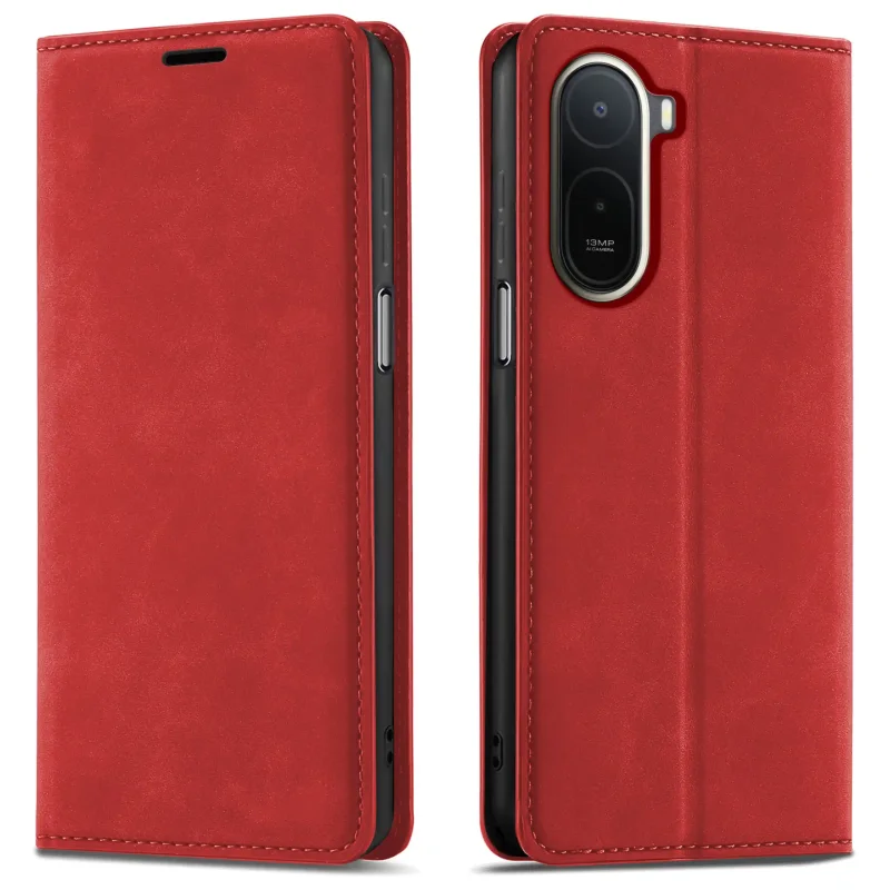 Czerwone etui z klapką Velvet do Xiaomi Redmi A7 Pro pokazane z przodu i z tyłu, z wycięciem na aparat oraz zamykaną konstrukcją