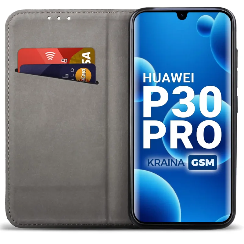 Czarne etui portfelowe do Huawei P30 Pro z miejscem na karty, ukrytym magnesem i funkcją stojaka do codziennego użytkowania