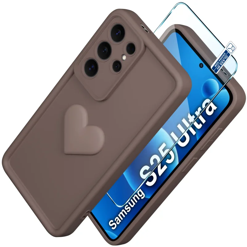 Brązowe etui z sercem do Samsung Galaxy S25 Ultra ze szkłem hartowanym na ekran