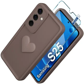 Etui do Samsung Galaxy S25 silikonowe serce brązowe ze szkłem