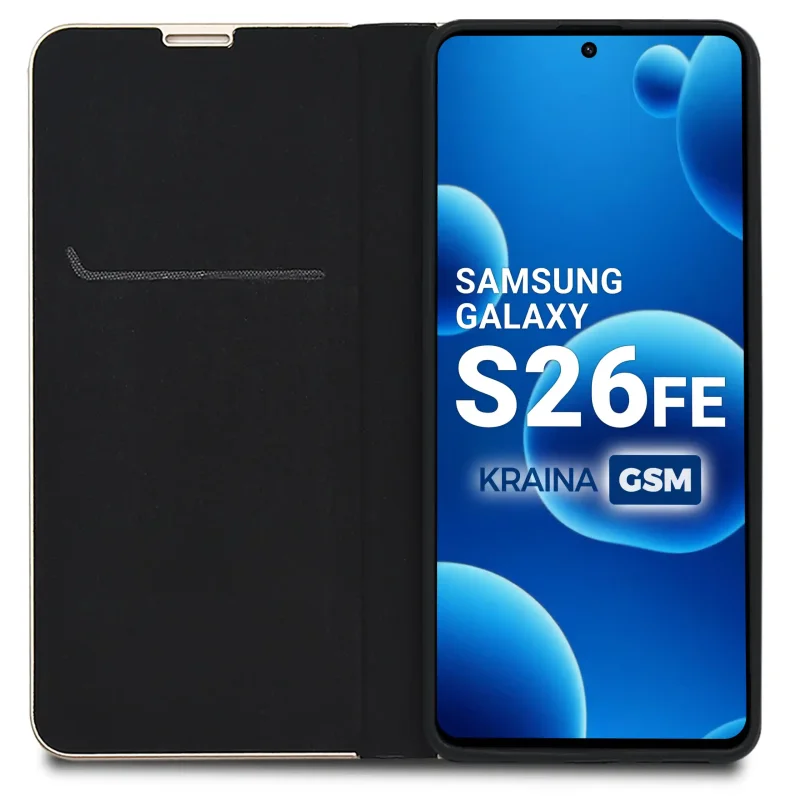 Wnętrze czarnego etui do Samsung Galaxy S26 FE z kieszonką na kartę oraz miękką wyściółką chroniącą ekran
