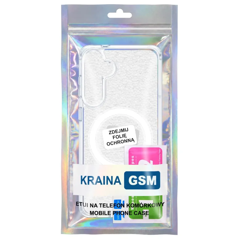 Bezbarwne etui z MagSafe do Samsung Galaxy S26 FE w opakowaniu KrainaGSM z akcesoriami montażowymi