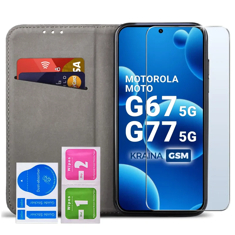 Wnętrze czarnego etui do Motorola Moto G67 | G77 5G z kieszonką na karty, szkłem hartowanym 9H oraz akcesoriami do montażu ochrony ekranu
