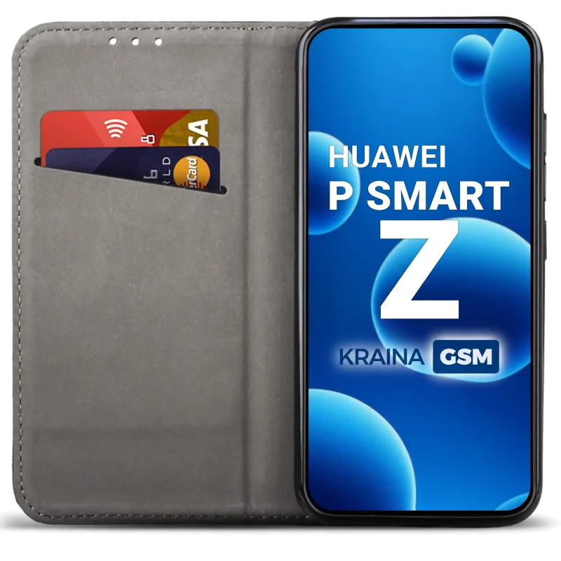 Czarne etui portfelowe do Huawei P Smart Z z miejscem na karty, ukrytym magnesem i funkcją stojaka do codziennego użytkowania