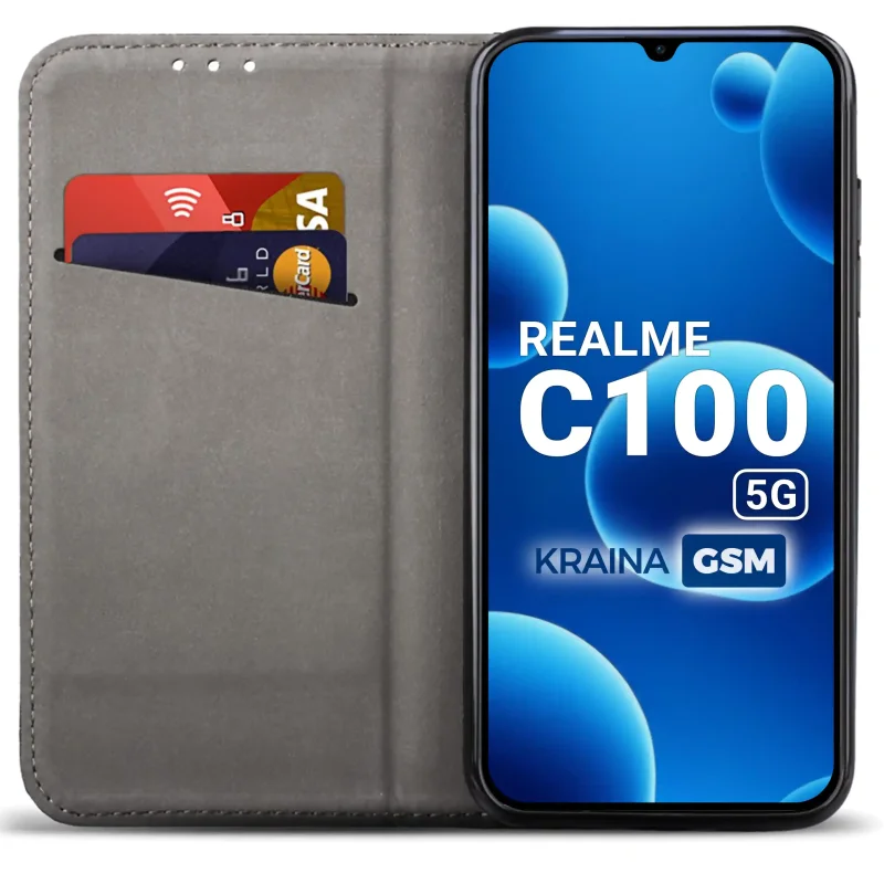 Czarne etui portfelowe do Realme C100 5G z miejscem na karty, ukrytym magnesem i funkcją stojaka do codziennego użytkowania