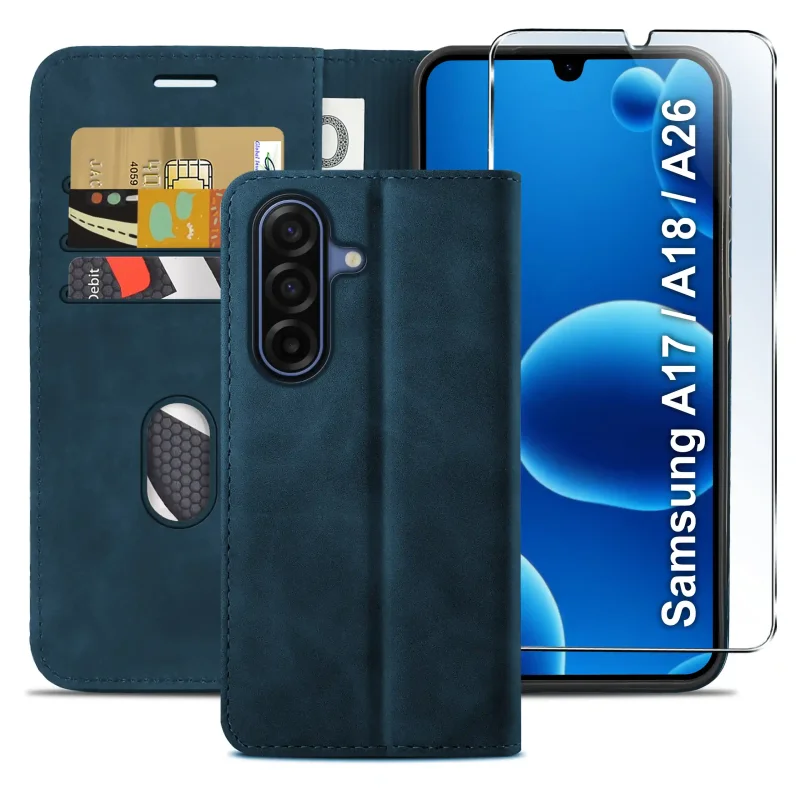 Etui zamykane Velvet do Samsung Galaxy A26 A18 A17 5G granatowe z kieszonkami na karty, banknoty i szkłem ochronnym