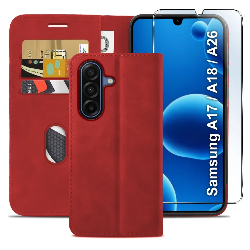 Etui zamykane Velvet do Samsung Galaxy A26 A18 A17 5G czerwone z kieszonkami na karty, banknoty i szkłem ochronnym