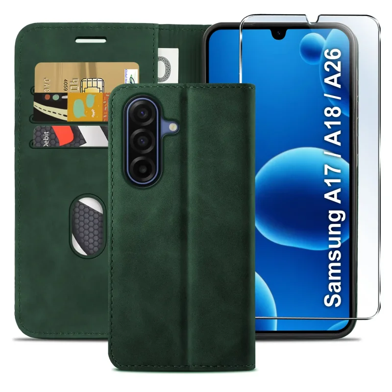 Etui zamykane Velvet do Samsung Galaxy A17 A18 A26 5G zielone z kieszonkami na karty, banknoty i szkłem ochronnym