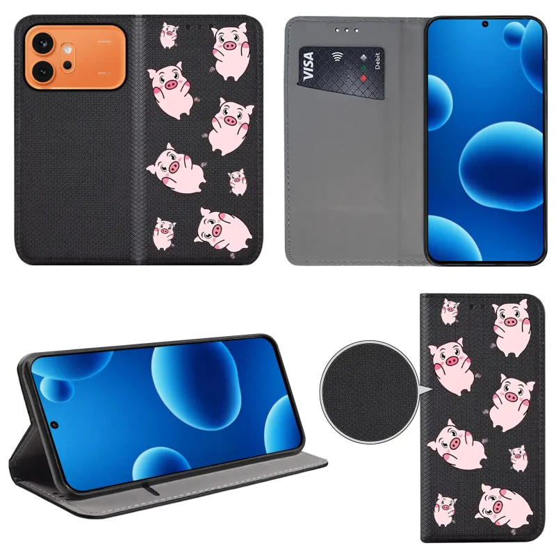 Etui książkowe do Honor 600 Pro z nadrukiem świnek, widok przodu i tyłu, kieszonka na kartę oraz funkcja podstawki