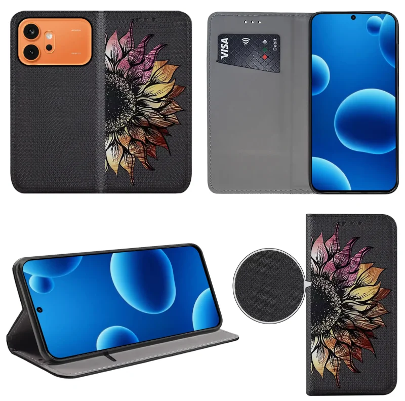 Etui książkowe do Honor 600 Pro z kwiatem, widok przodu i tyłu, kieszonka na kartę oraz funkcja podstawki