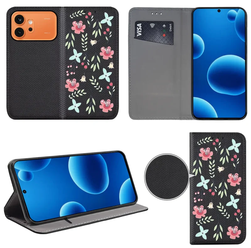 Etui książkowe do Honor 600 Pro z damskim wzorem, widok przodu i tyłu, kieszonka na kartę oraz funkcja podstawki
