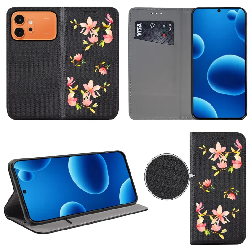 Etui książkowe do Honor 600 Pro z kobiecym wzorem, widok przodu i tyłu, kieszonka na kartę oraz funkcja podstawki