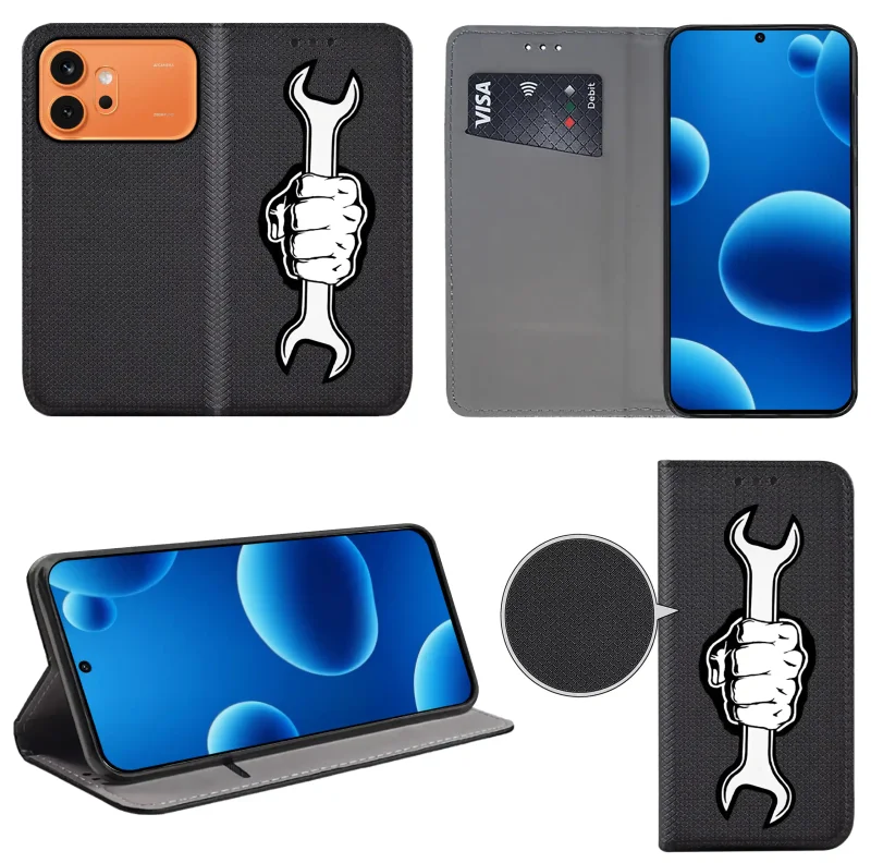 Etui książkowe do Honor 600 Pro z męskim wzorem, widok przodu i tyłu, kieszonka na kartę oraz funkcja podstawki