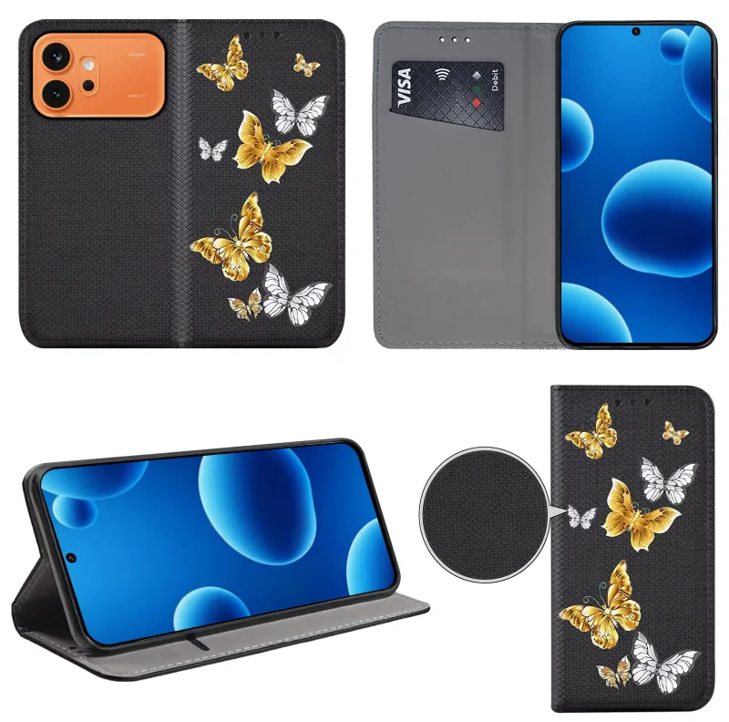 Etui książkowe do Honor 600 Pro z kolorowym wzorem, widok przodu i tyłu, kieszonka na kartę oraz funkcja podstawki