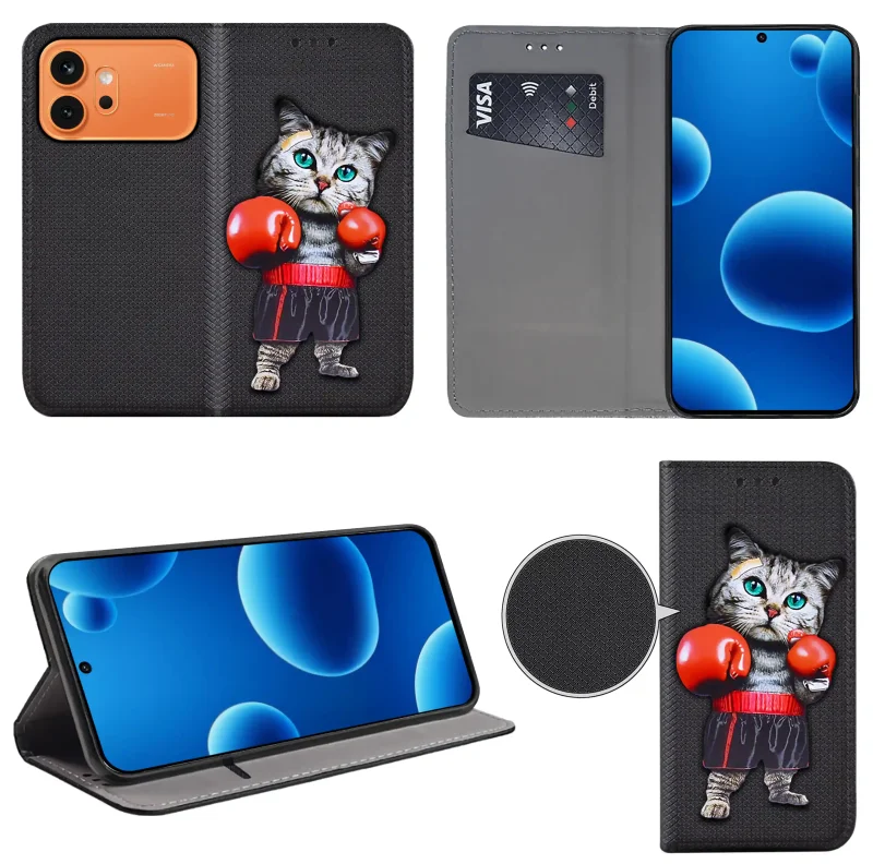 Etui książkowe do Honor 600 Pro z kotem, widok przodu i tyłu, kieszonka na kartę oraz funkcja podstawki