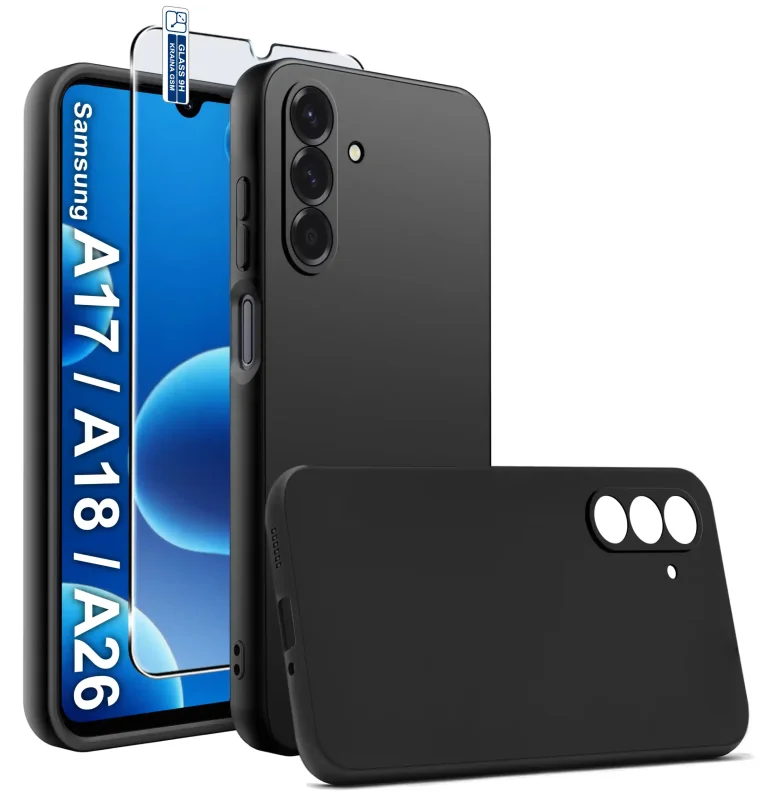 Czarne matowe etui do Samsung Galaxy A17 A18 A26 5G ze szkłem hartowanym 9H, widok telefonu z przodu i tyłu oraz wycięć na aparaty