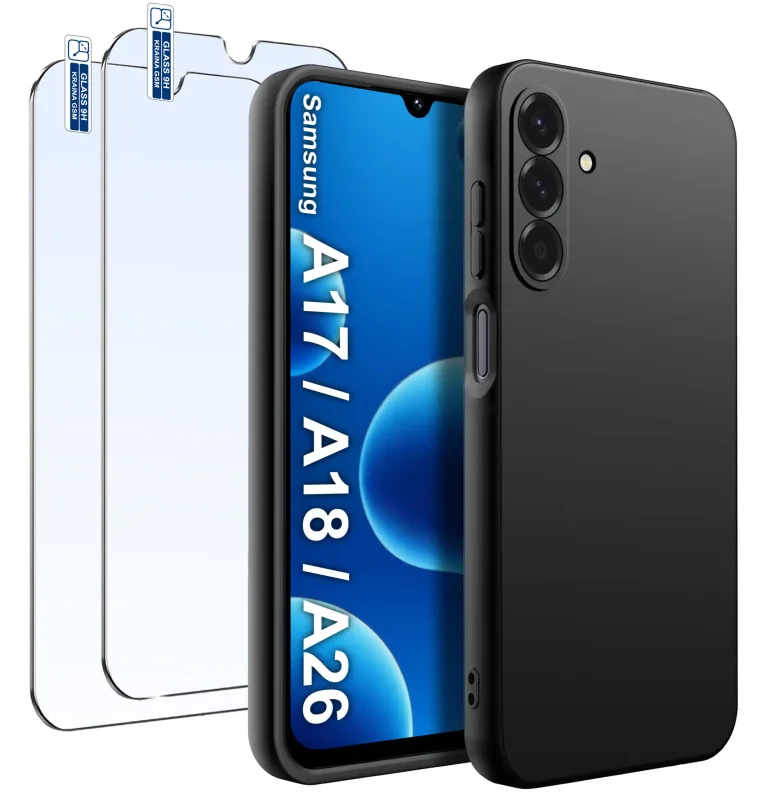 Czarne matowe etui do Samsung Galaxy A17 A18 A26 5G z 2 szkłami hartowanymi 9H, widok telefonu z przodu i tyłu oraz osłony aparatów