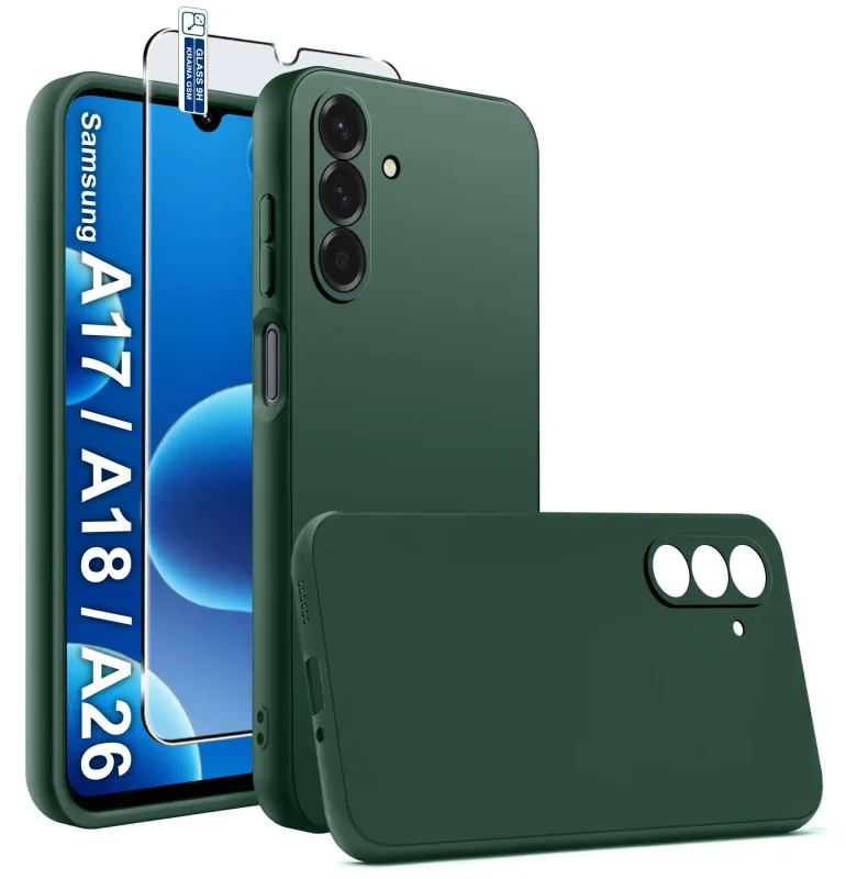 Zielone matowe etui do Samsung Galaxy A17 A18 A26 5G ze szkłem hartowanym 9H, widok telefonu z przodu i tyłu oraz osłony aparatów