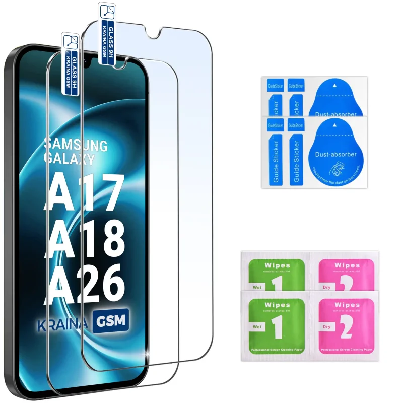 2 szkła hartowane 9H do Samsung Galaxy A17 A18 A26 5G z akcesoriami montażowymi Wet Dry i naklejkami do usuwania kurzu