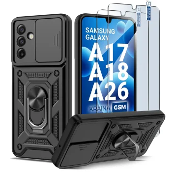 Etui do Samsung Galaxy A17 | A18 | A26 5G pancerne ring z osłoną na aparat czarne z zestawem 2 szkieł