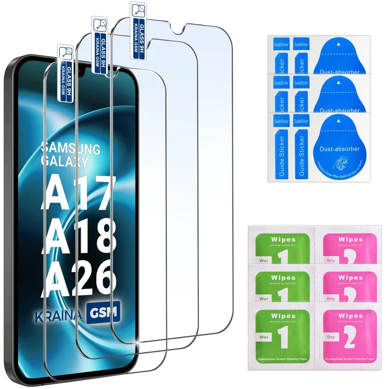 3 szkła hartowane 9H do Samsung Galaxy A17 A18 A26 5G z akcesoriami montażowymi Wet Dry i naklejkami do usuwania kurzu