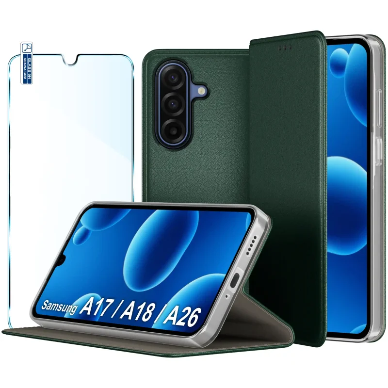 Etui do Samsung Galaxy A17 | A18 | A26 5G zielone magnetyczne zamykane ze szkłem