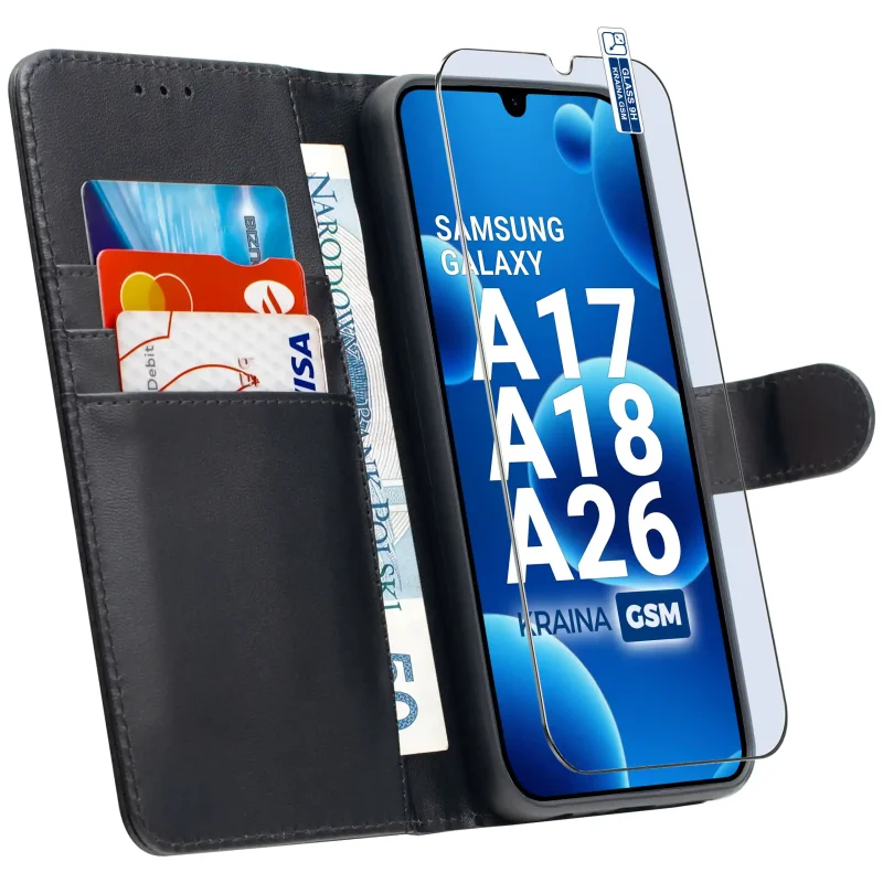 Etui do Samsung Galaxy A17 | A18 | A26 5G czarne magnetyczne z klapką ze szkłem