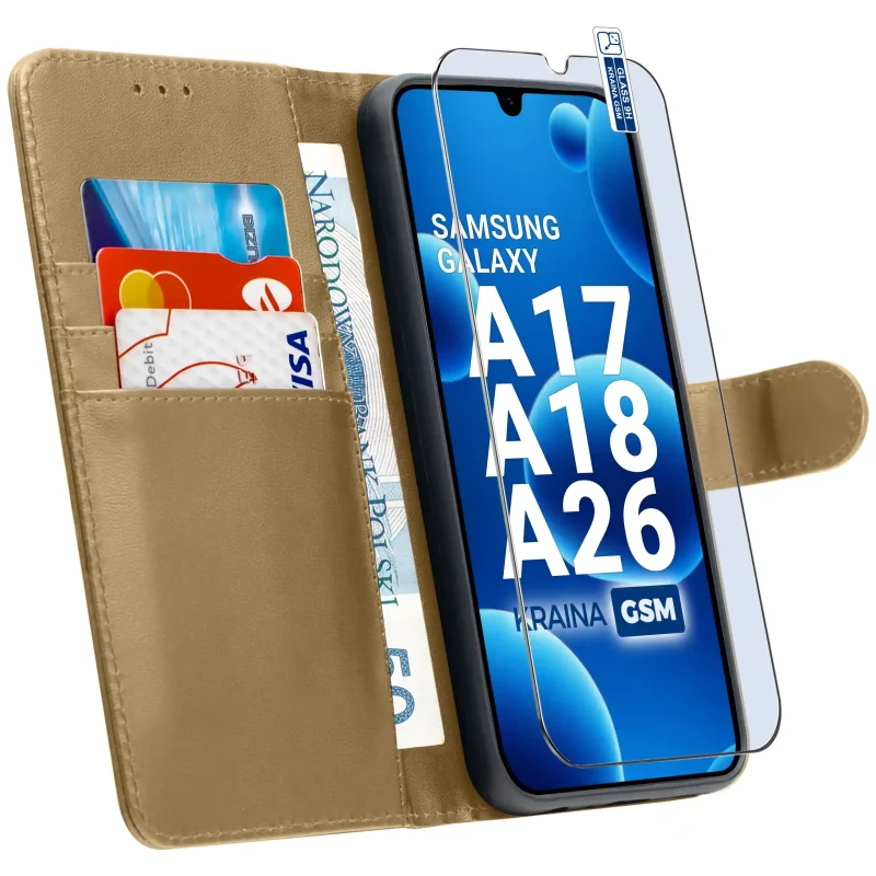 Etui do Samsung Galaxy A17 | A18 | A26 5G złote magnetyczne z klapką ze szkłem