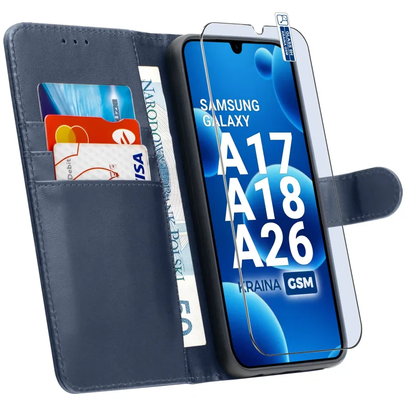 Etui do Samsung Galaxy A17 | A18 | A26 5G granatowe magnetyczne z klapką ze szkłem