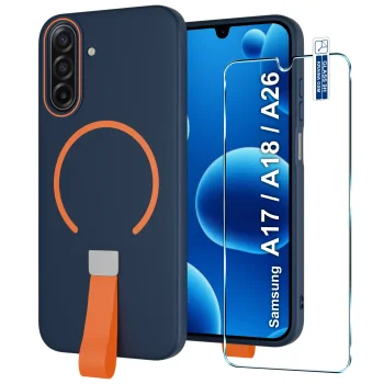 Etui do Samsung Galaxy A17 | A18 | A26 5G granatowe MagSafe z paskiem na palec ze szkłem