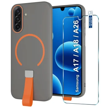 Etui do Samsung Galaxy A17 | A18 | A26 5G szare MagSafe z paskiem na palec ze szkłem