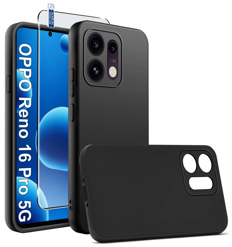 Czarne matowe etui silikonowe do Oppo Reno 16 Pro 5G ze szkłem hartowanym 9H w zestawie