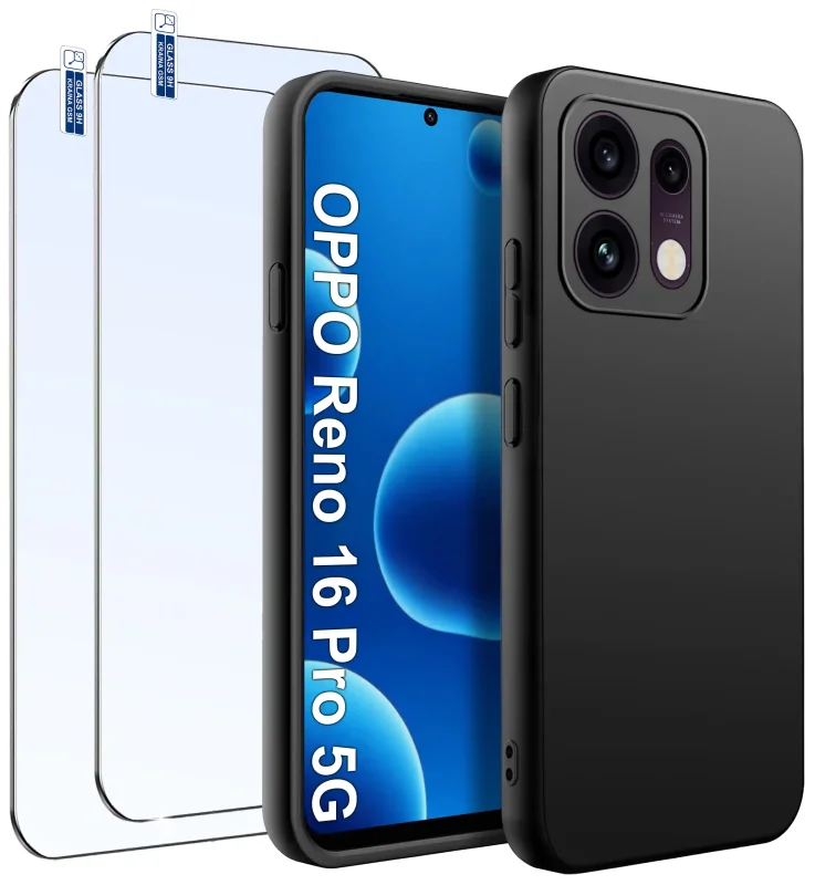 Czarne matowe etui do Oppo Reno 16 Pro 5G z dwoma szkłami hartowanymi 9H widok przodu i tyłu telefonu