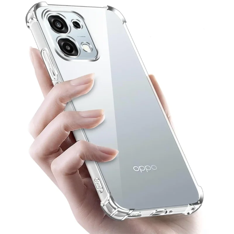 Oppo A6 Pro 5G w przezroczystym etui – elegancki wygląd smartfona w dłoni