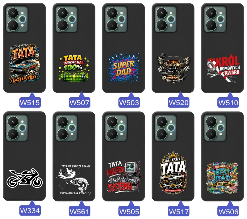 Kolekcja etui dla Taty do Realme 15 5G | 15 Pro 5G z motywami samochodów, motocykli, narzędzi i wędkarstwa oraz napisami Super Tata, Best Dad i Król Domowych Awarii