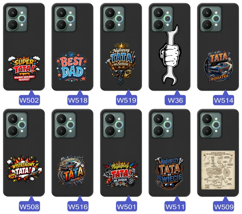 Różne wzory etui dla Taty do Realme 15 5G | 15 Pro 5G, w tym napisy SuperDad, Tata Bohater i Najlepszy Tata na świecie oraz komiksowe, techniczne i motoryzacyjne motywy prezentowe