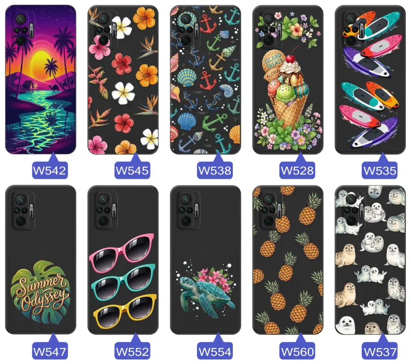 Kolekcja etui wakacyjnych do Xiaomi Redmi Note 10 Pro z palmami, kwiatami, kotwicami, lodami, deskami SUP, fokami i ananasami