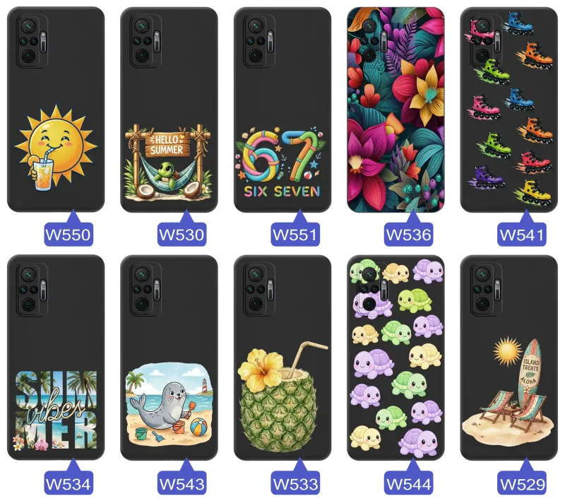 Różne etui wakacyjne do Xiaomi Redmi Note 10 Pro ze słońcem, hamakiem, motywem 67, kwiatami, rolkami i plażowymi grafikami