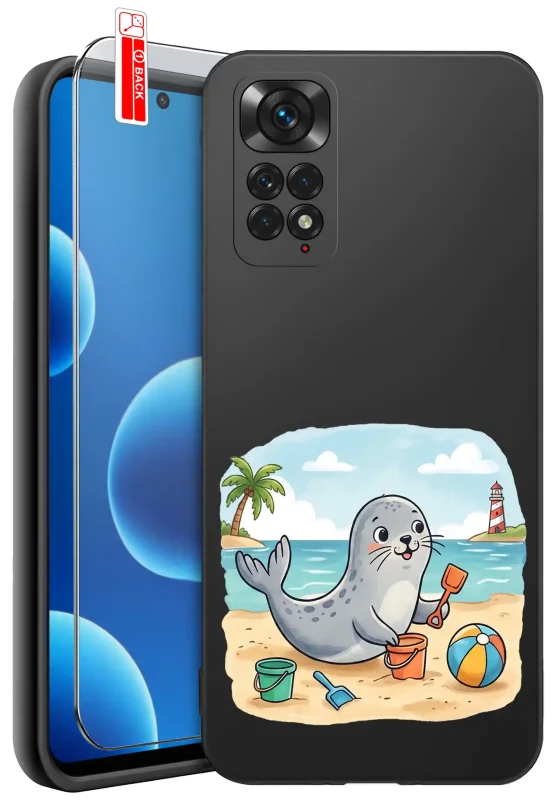 Etui wakacyjne do Xiaomi Redmi Note 11 | 11S z kolorowym nadrukiem foki na plaży i szkłem hartowanym 9H