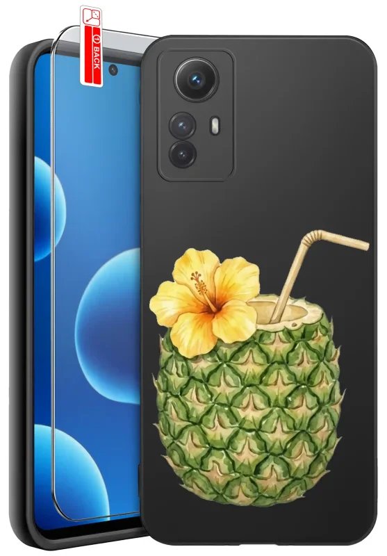 Etui wakacyjne do Xiaomi Redmi Note 12S z kolorowym nadrukiem ananasa z kwiatem i słomką oraz szkłem hartowanym 9H