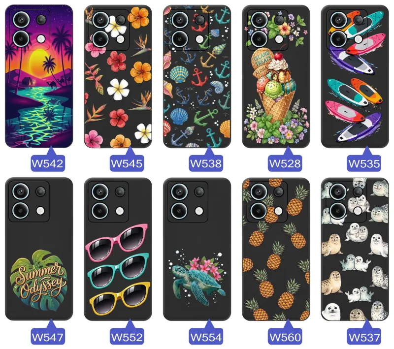 Kolekcja etui wakacyjnych do Xiaomi Redmi Note 13 Pro 4G z palmami, kwiatami, kotwicami, lodami, deskami SUP, fokami i ananasami