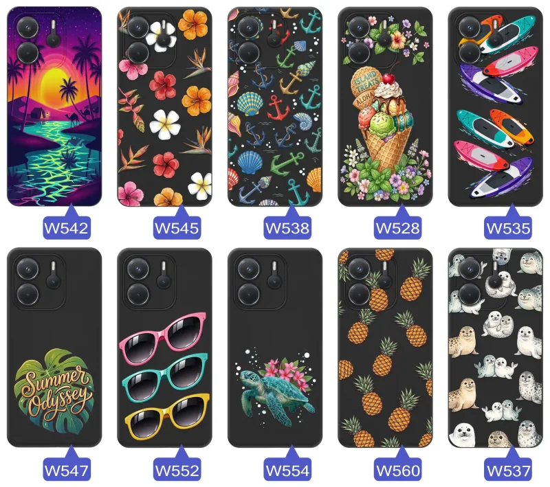 Kolekcja etui wakacyjnych do Xiaomi Redmi Note 14 4G z palmami, kwiatami, kotwicami, lodami, deskami SUP, fokami i ananasami