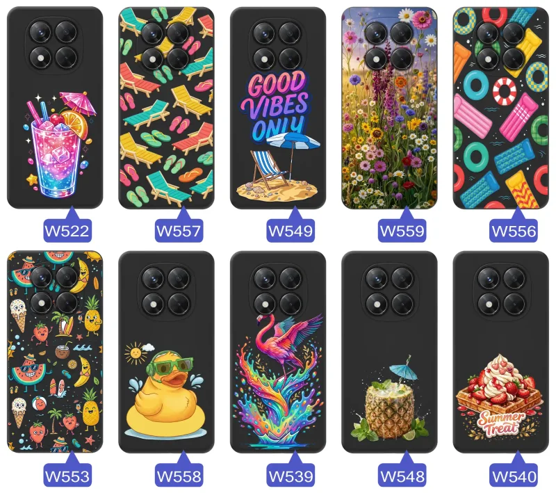 Różne letnie wzory etui do Xiaomi Redmi Note 14 Pro 5G z motywami leżaków, napojów, kwiatów, materacy, flamingów i owoców