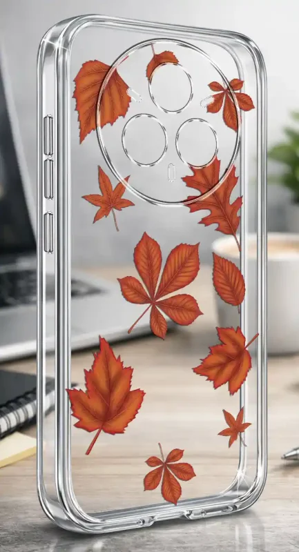 Etui Realme 14 Pro+ Plus 5G 2 mm z jesiennym wzorem pomarańczowych liści na przezroczystej powierzchni